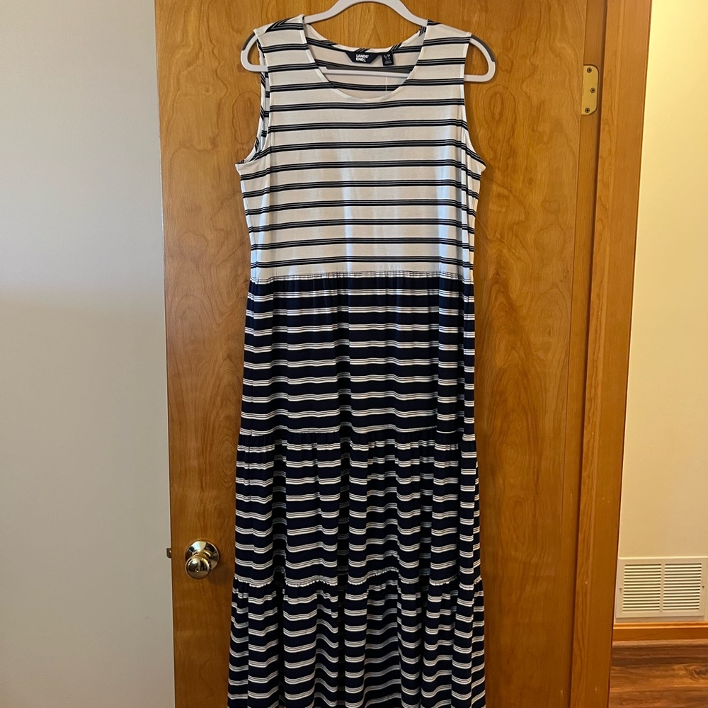 Lands' End Sleeveless Tiered Maxi Dress Blue Striped Sailor NWT Size Large 14-16